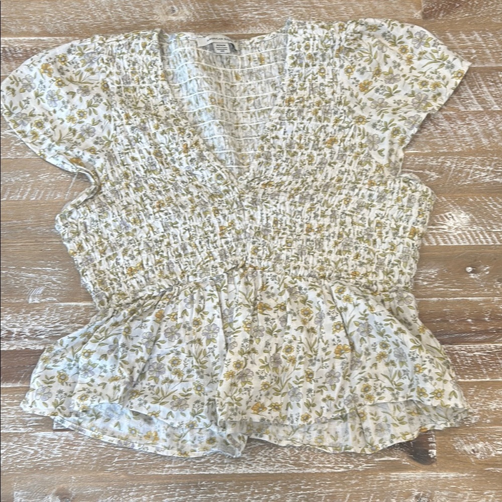 American Eagle Outfitters Cream Flutter Sleeve Peplum Blouse